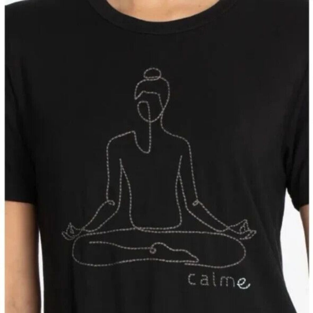 Calme By Johnny Was Women's Black Embroidered Padmasana Flowy Yoga Tee Sz XS - Picture 1 of 7